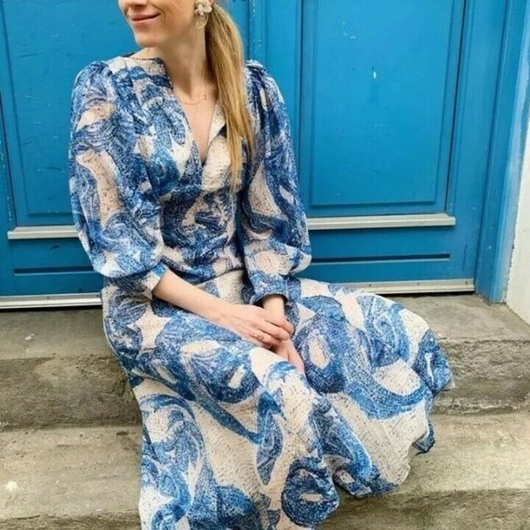 H&M CONSCIOUS EXCLUSIVE 100% Silk Mosaic Midi Puff Sleeve Cocktail Dress - Picture 12 of 12